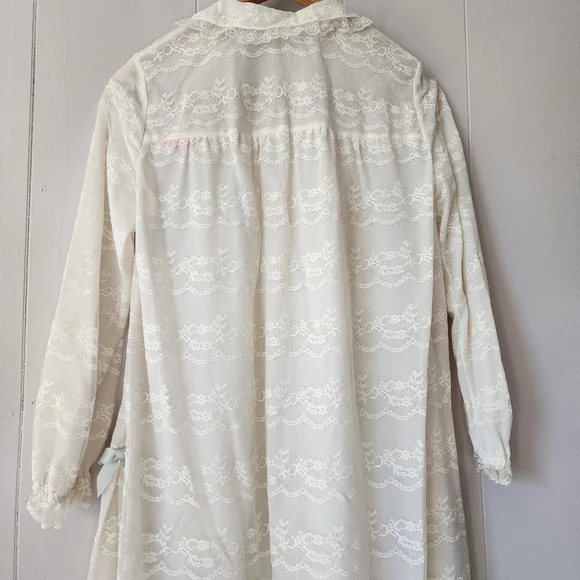 Vintage Odette Barsa Ivory Lace Peignoir Robe 1950s Sheer Blue Ribbon - Picture 11 of 15